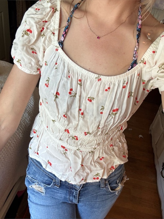 Tops - White Cherry Print Peasant Top